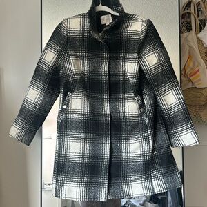 LOFT Black and White Pea Coat with Plaid Pattern and High Collar